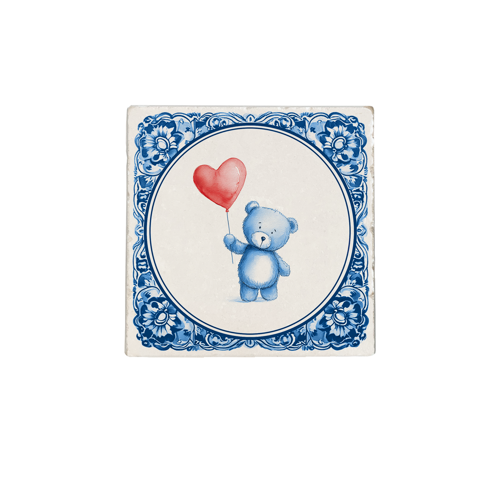 Delft Blue teddy bear with balloon - natural stone tile