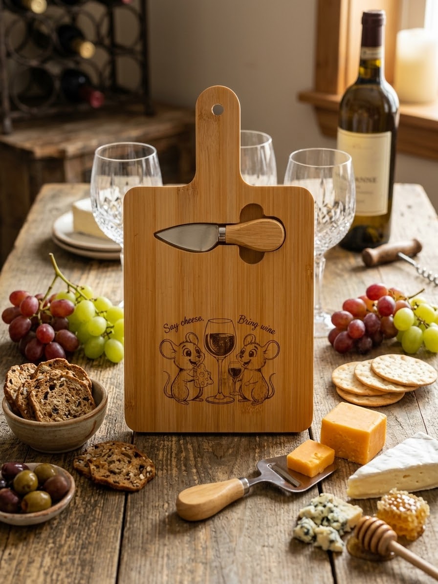 Bamboe Kaasplankje met Kaasmesje – "Say cheese. Bring wine"