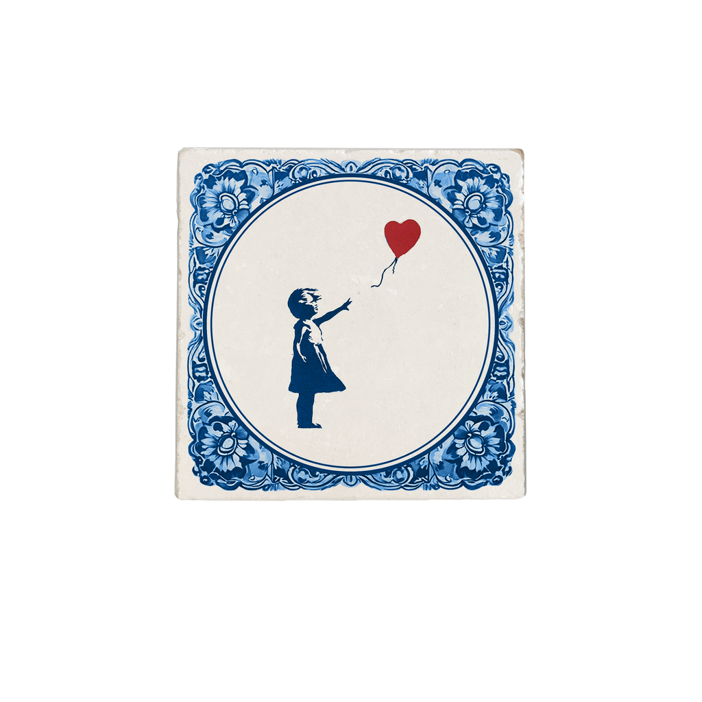 Delft Blue girl with balloon - natural stone tile