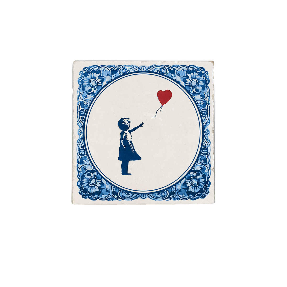 Delft Blue girl with balloon - natural stone tile