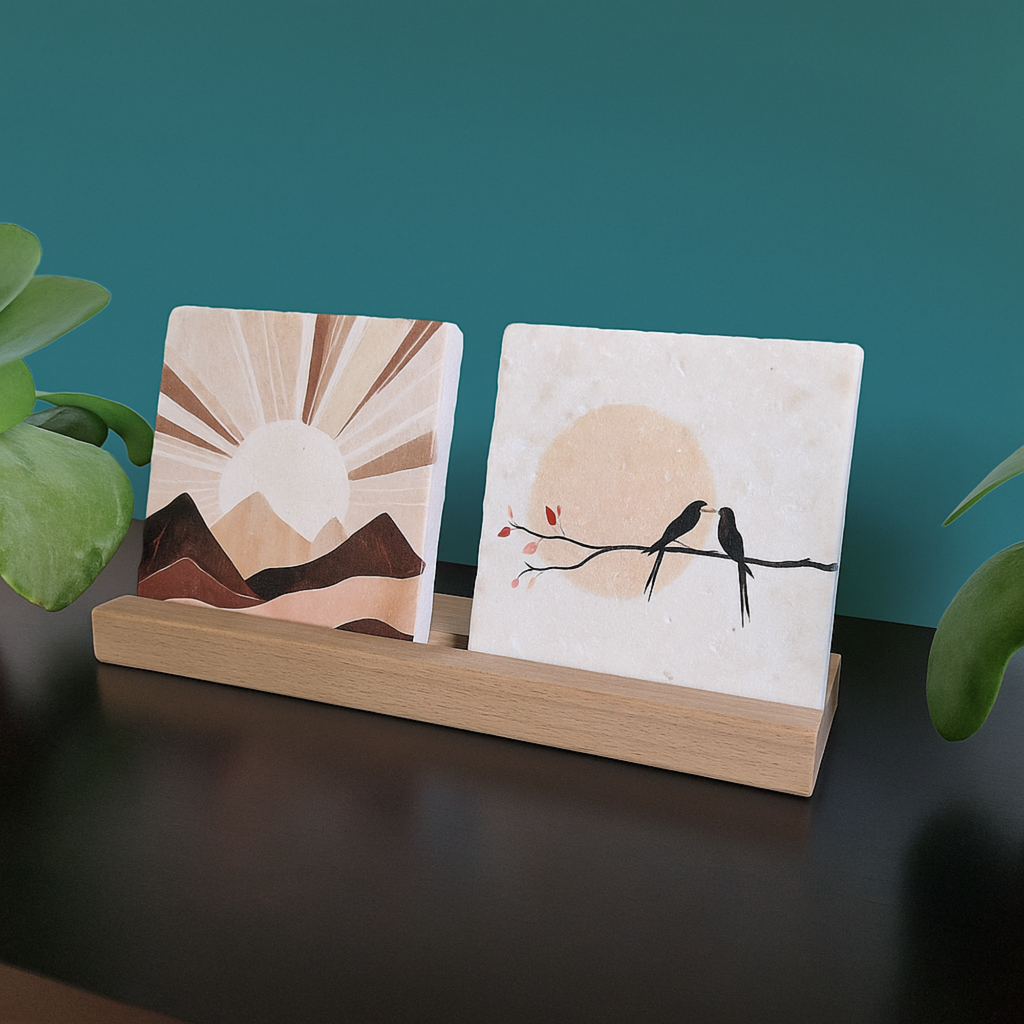 Houten tegelhouders, 2 tegeltjes