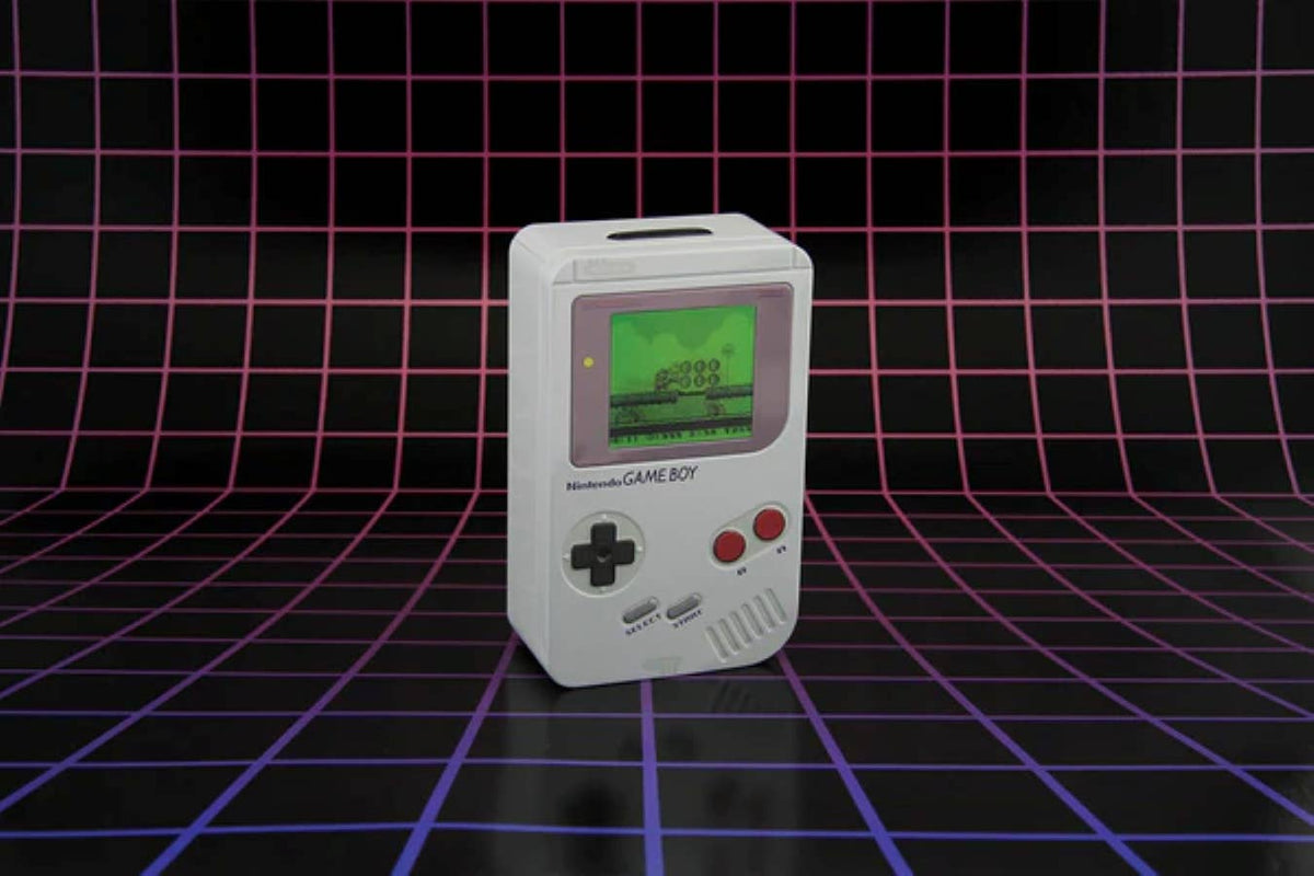 Nintendo Game Boy spaarpot van grijs tin in geschenkverpakking