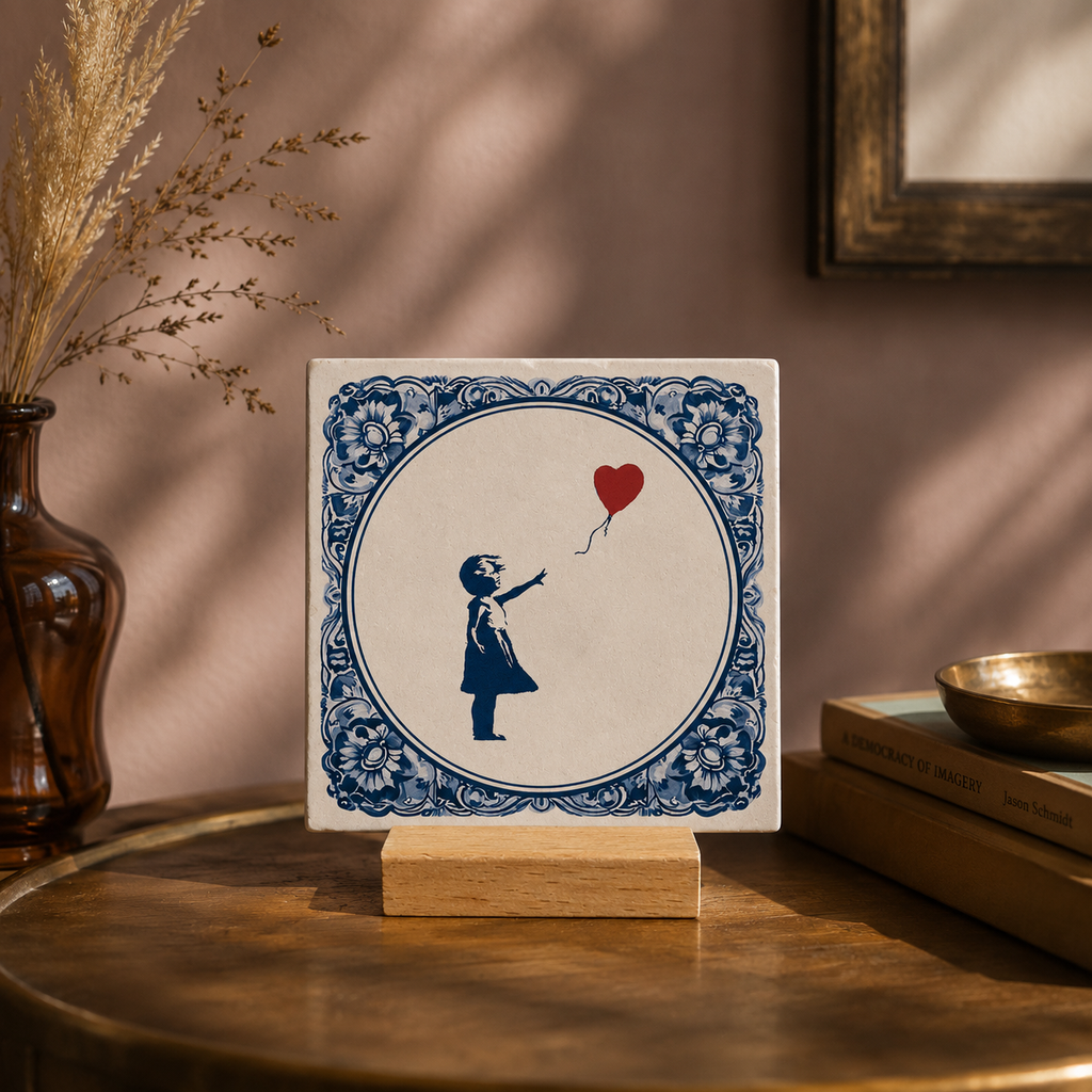Delft Blue girl with balloon - natural stone tile
