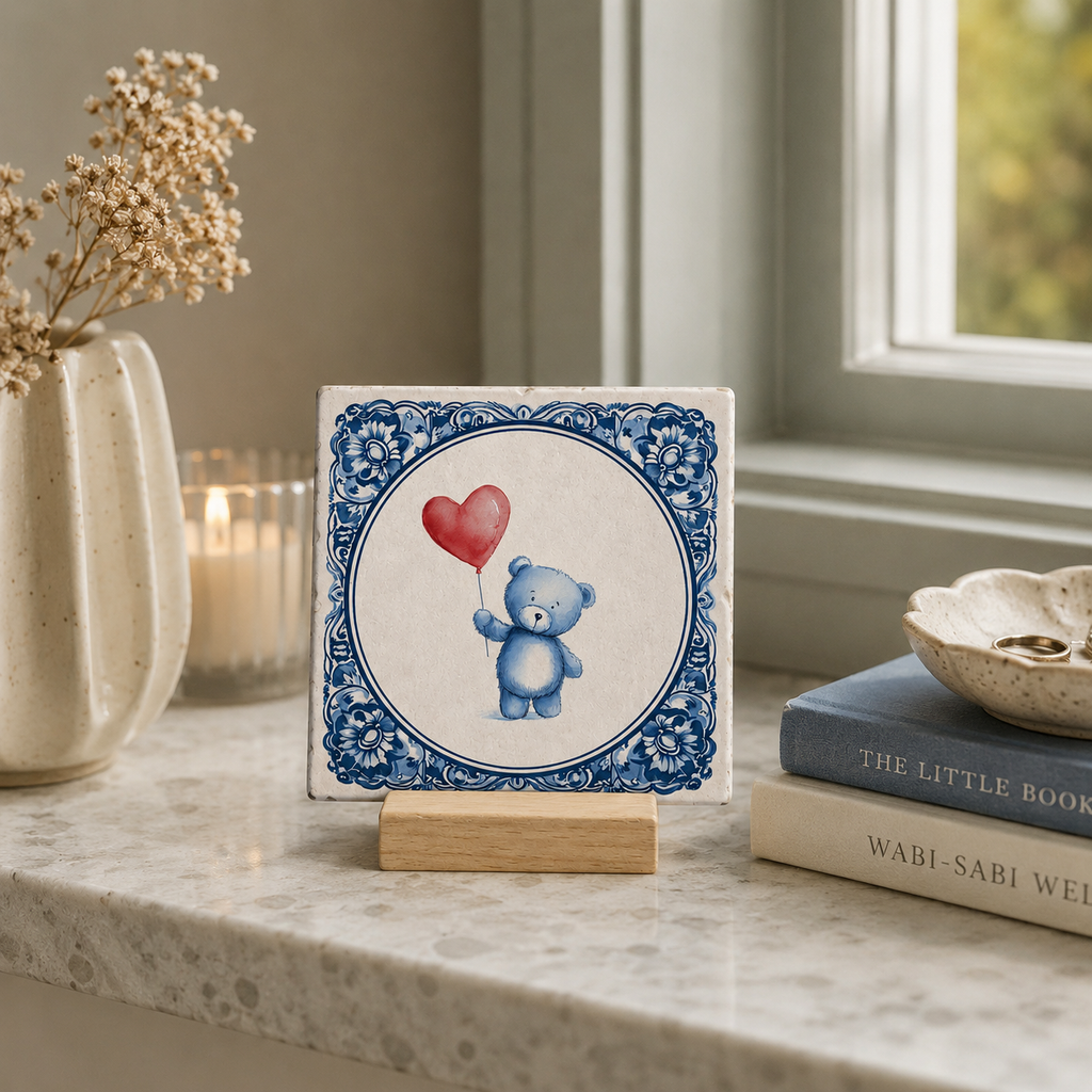 Delft Blue teddy bear with balloon - natural stone tile