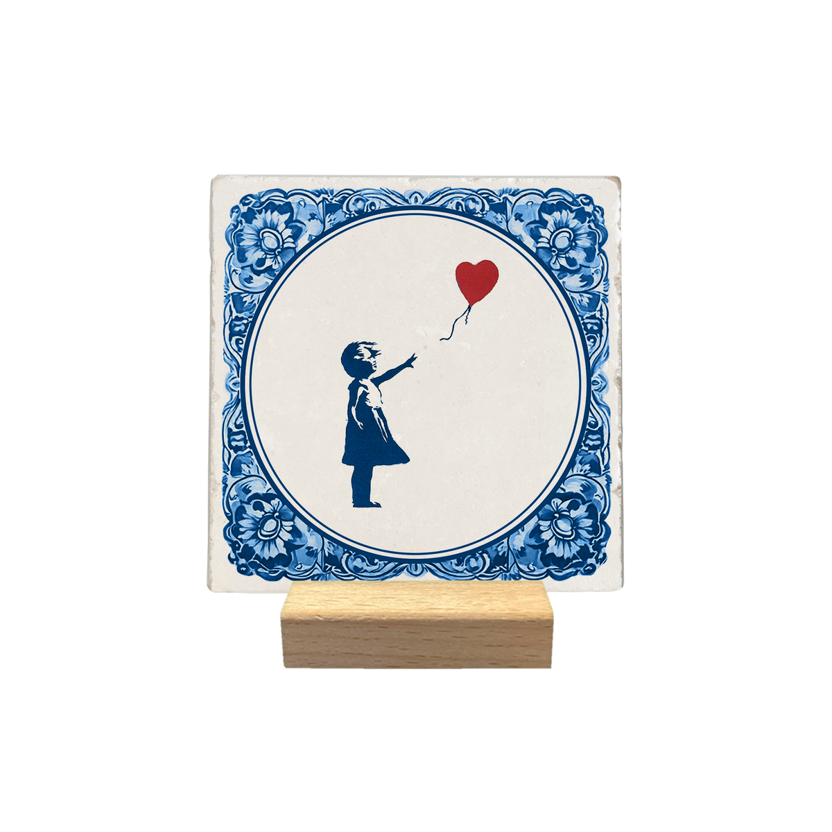 Delft Blue girl with balloon - natural stone tile